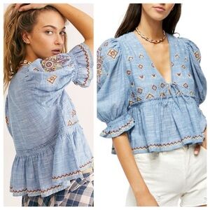 Free People Tallulah Embroidered Cropped Blouse chambray boho festival top M